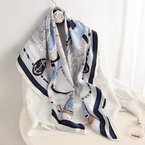 Foulard Shawl Silk Satin 110X110 Maritime